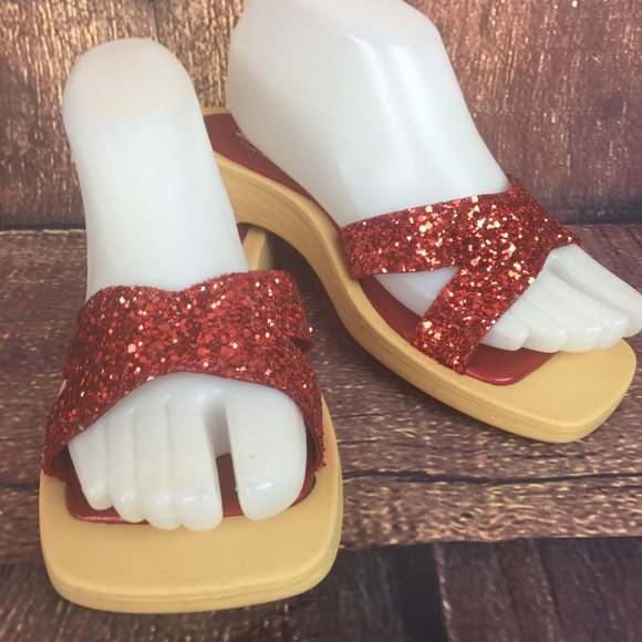 D'Antonio Shoes - Red Glitter Sparkly Leather Sole Slip On Sandals